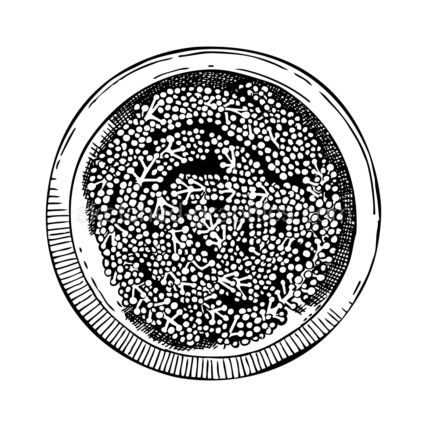 Hand drawn bowl with Umi budo salad. Green caviar sketch. Edible seaweed meal  vector drawing isolated on white background. Umibudo algae healthy food illustration. Japanese cuisine restaurant menu Illustration